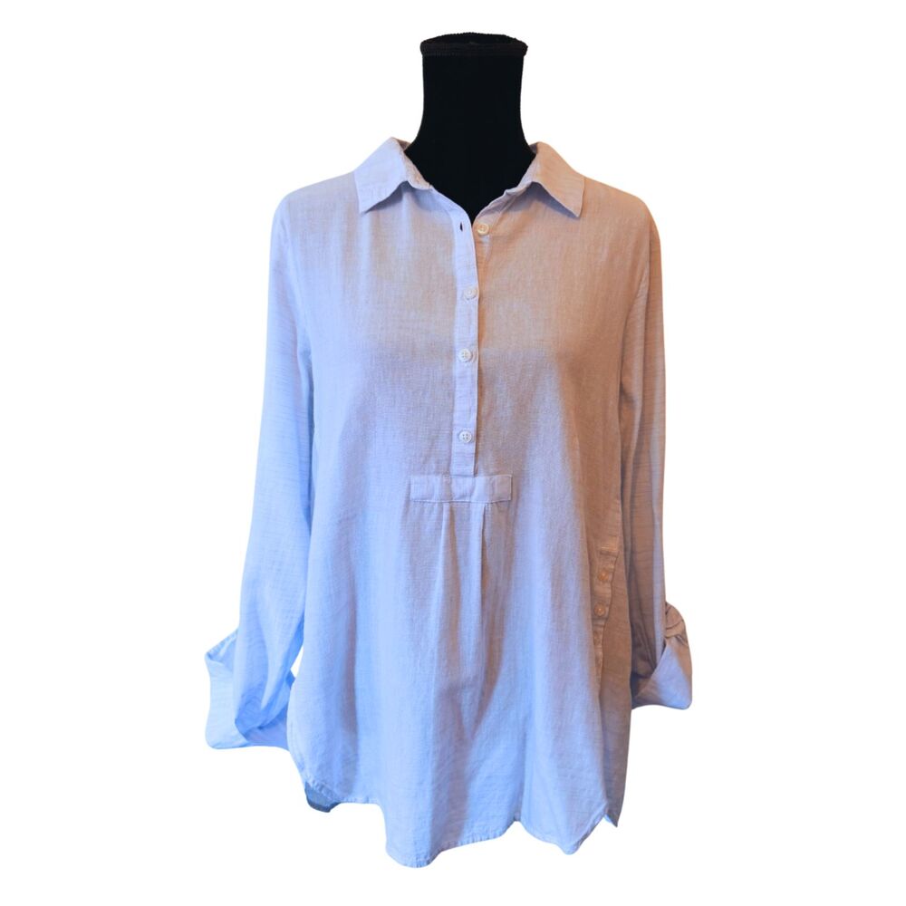 WESTPORT 100% Cotton Relaxed Lagenlook Powder Blue Tunic Sz L Coastal Mommycore